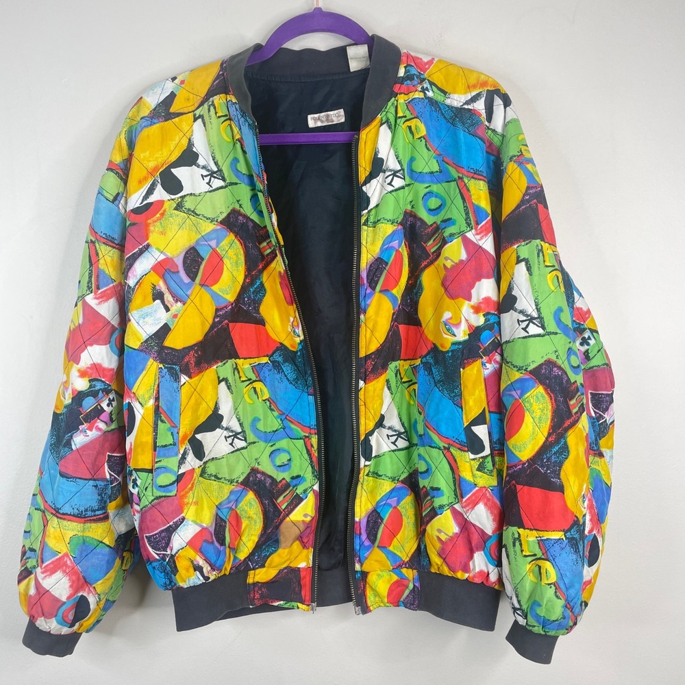 Vintage Robert Stock Silk Bomber Jacket Medium Abstract Graffiti Urban Chic READ